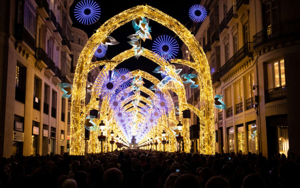 Thousands of people enjoying the Christmas light spectacle called "The Christmas Forest", on Marquez de Larios, in the centre of Malaga, Spain.