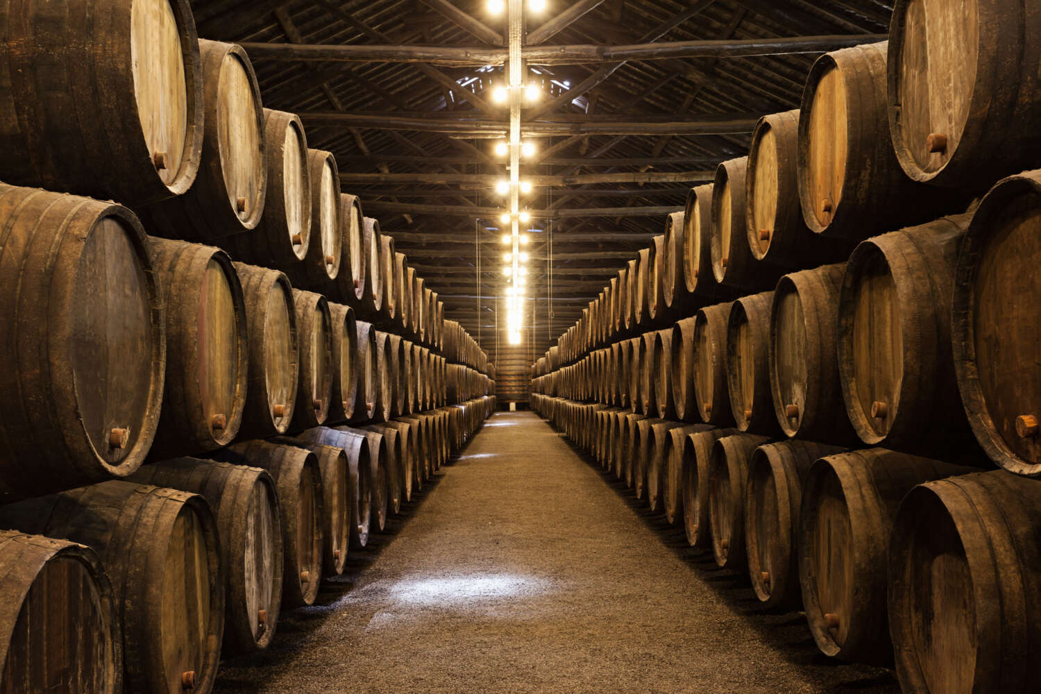 Wine barrels in the wine cellar at a winery in Porto, Portugal.