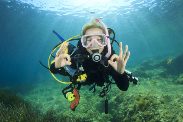 Happy,Young,Woman,Scuba,Diver,Signals,Okay